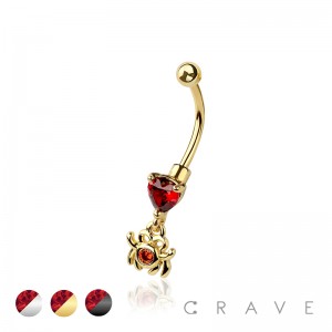 RED CZ SPIDER DANGLE HEART CZ 316L SURGICAL STEEL CURVED BARBELL/EYEBROW